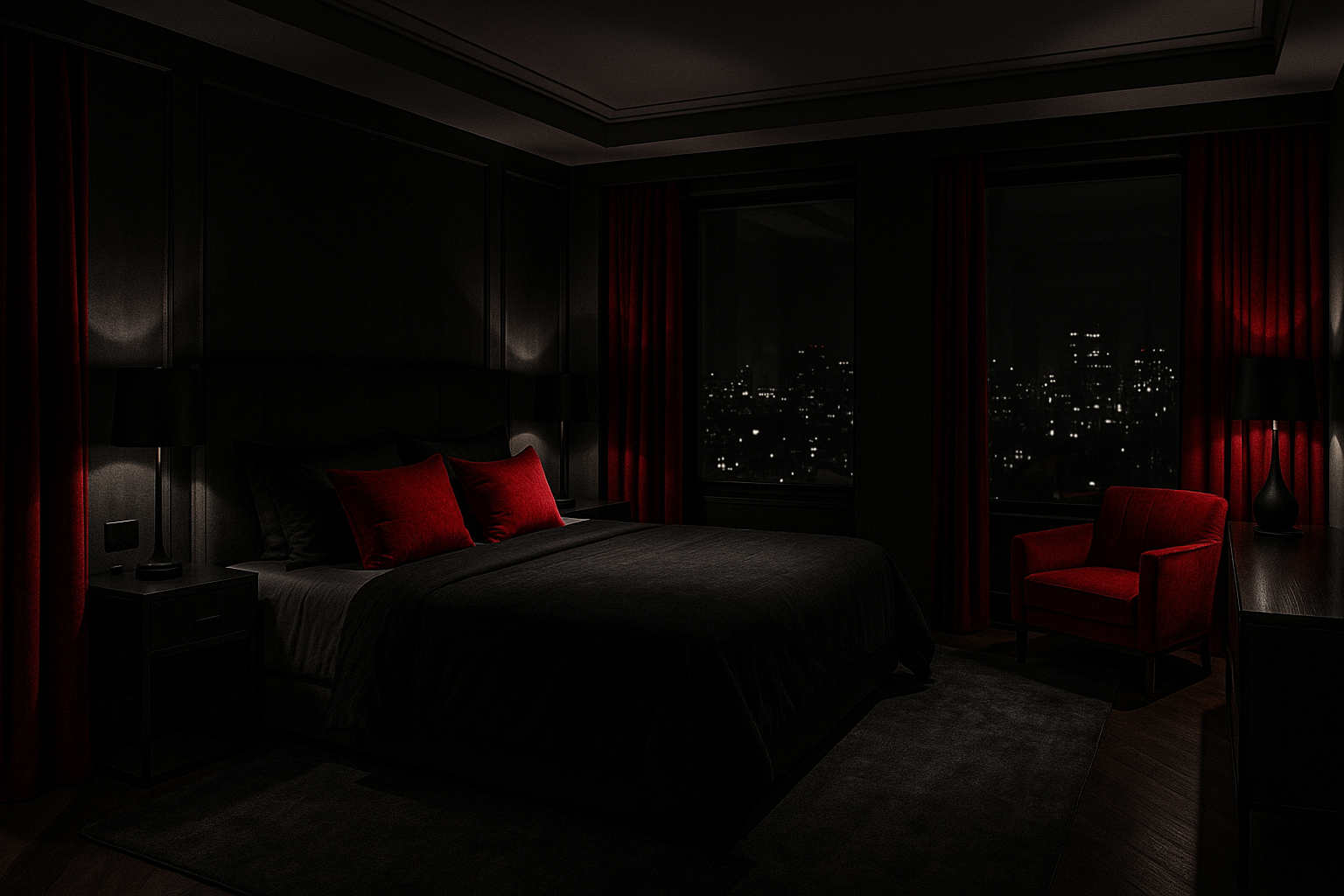habitacion hotel de lujo de noche con tonos negros rojos y filtro casi en blanco y negro